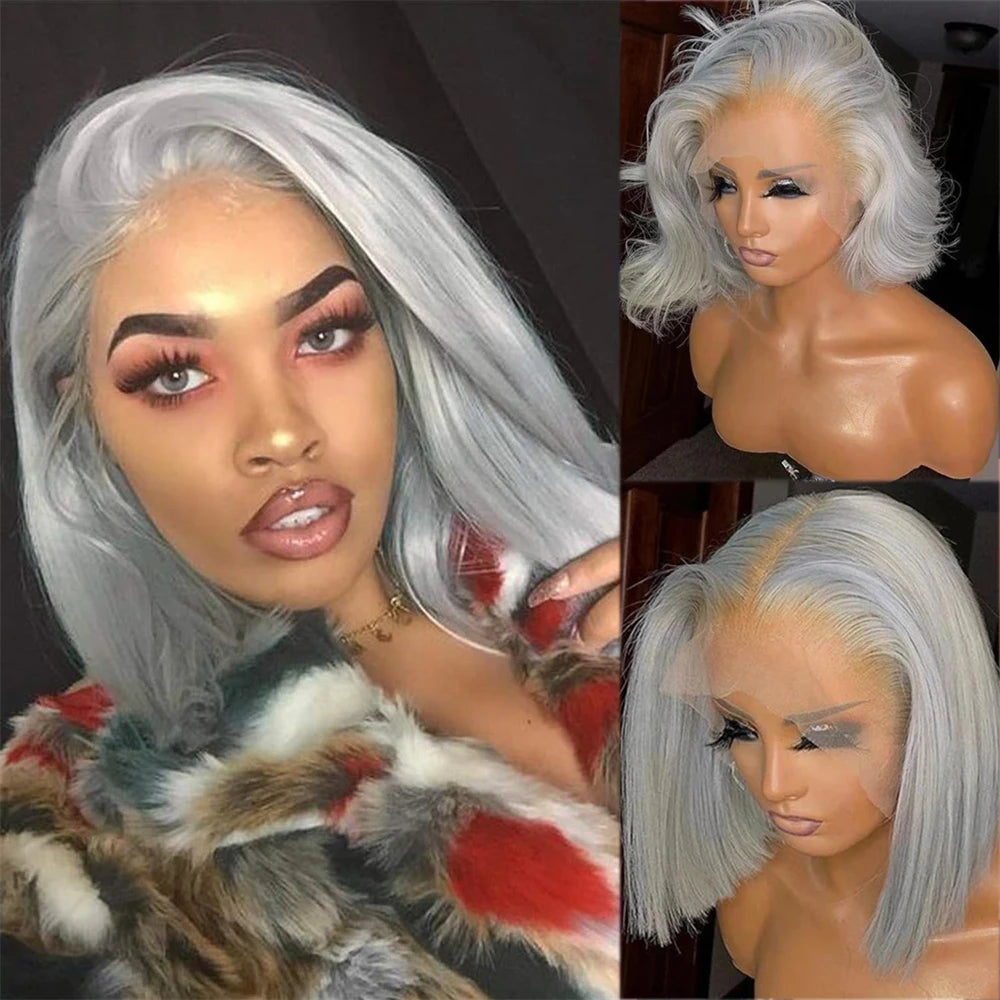 Gray Lace Front Bob Wig 100% Human Hair 13X4