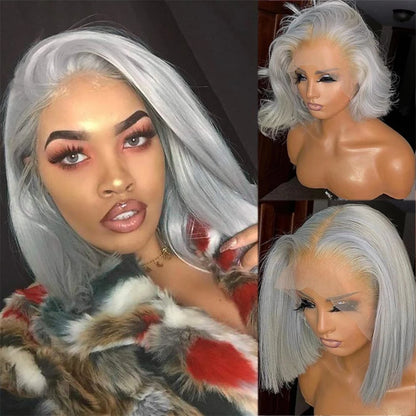 Gray Lace Front Bob Wig 100% Human Hair 13X4