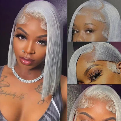 Gray Lace Front Bob Wig 100% Human Hair 13X4
