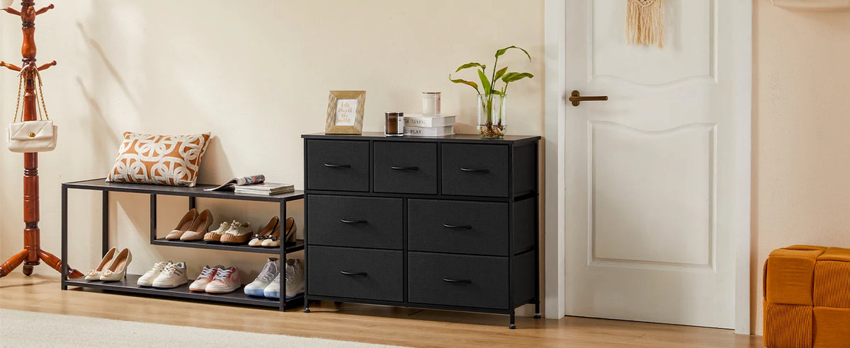 JHK Modern Wooden Dresser with 7 Fabric Drawers