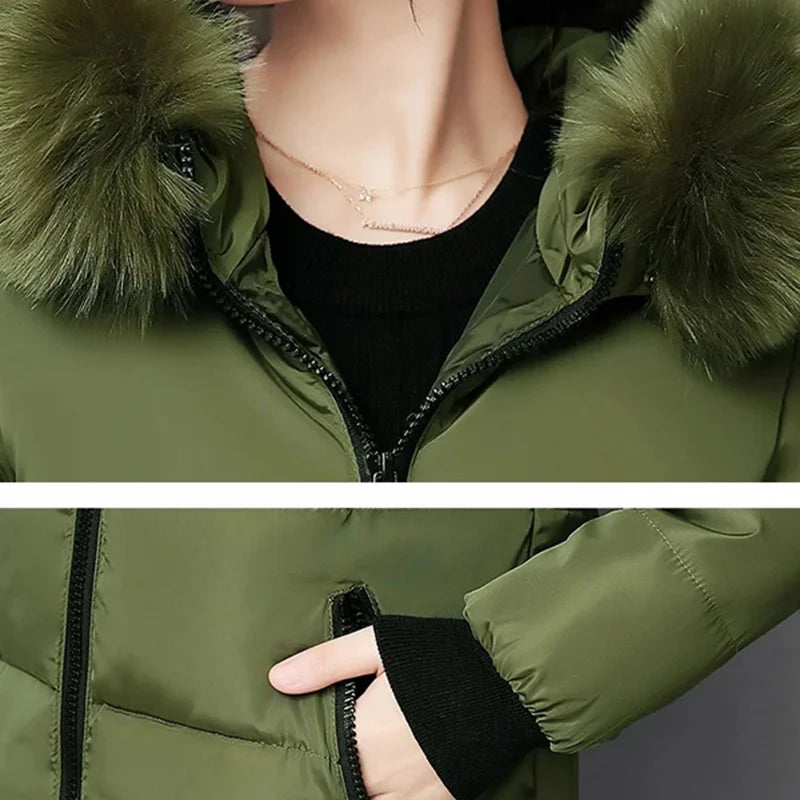 Winter Women Parka with Fur Collar and Zipper Pockets