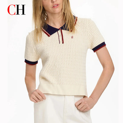 Embroidered Knit Polo Shirt Women Short Sleeve Cotton