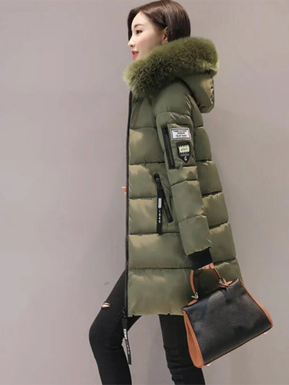 Winter Women Parka with Fur Collar and Zipper Pockets