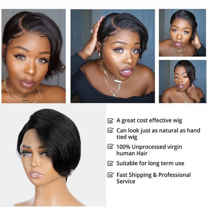 Straight Pixie Cut Wig Transparent Lace Human Hair Black
