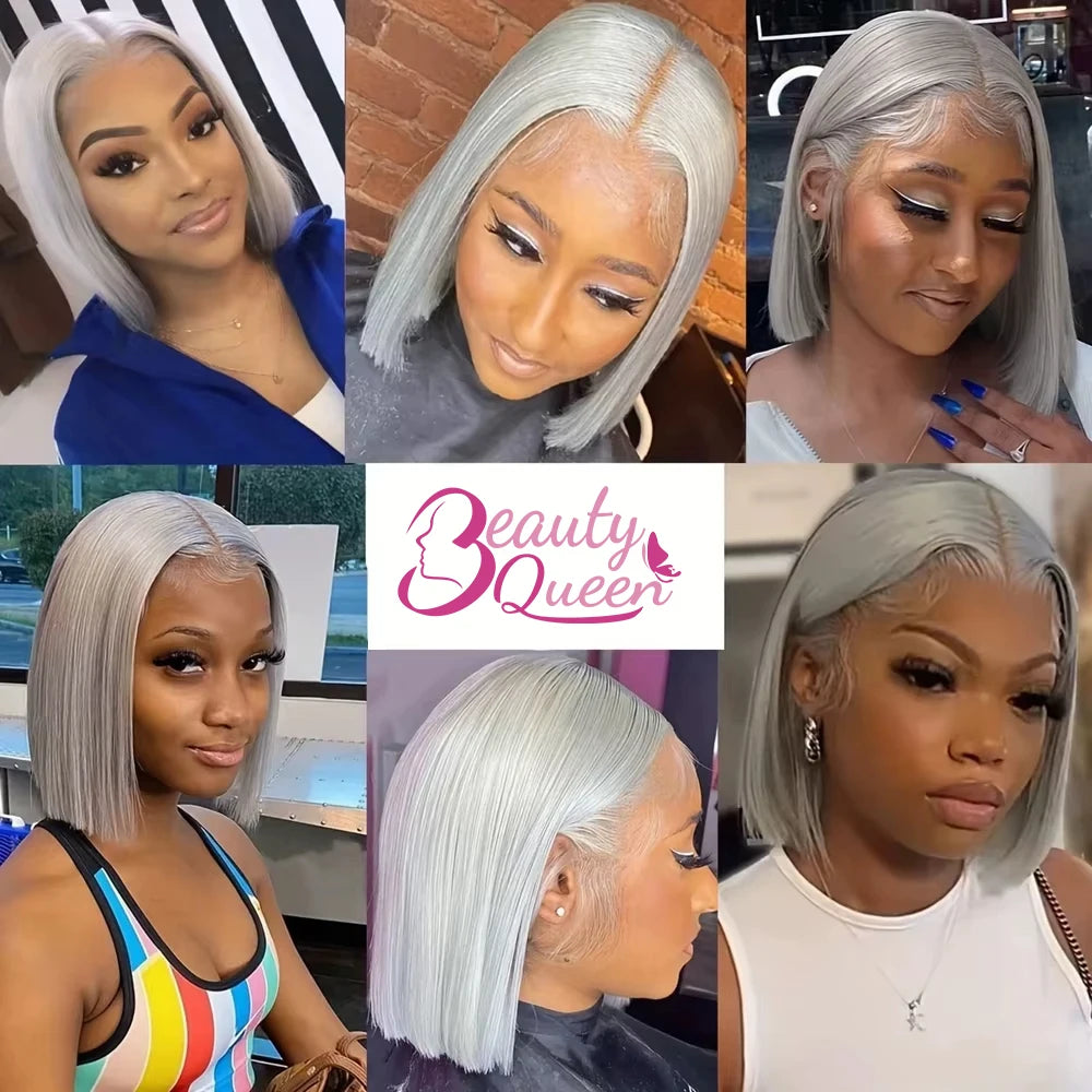Gray Lace Front Bob Wig 100% Human Hair 13X4