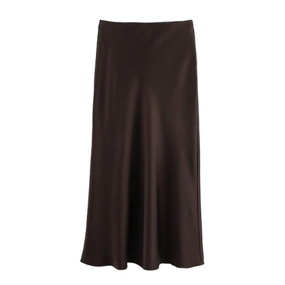 Vintage Satin Solid Long Skirt Women High Waist