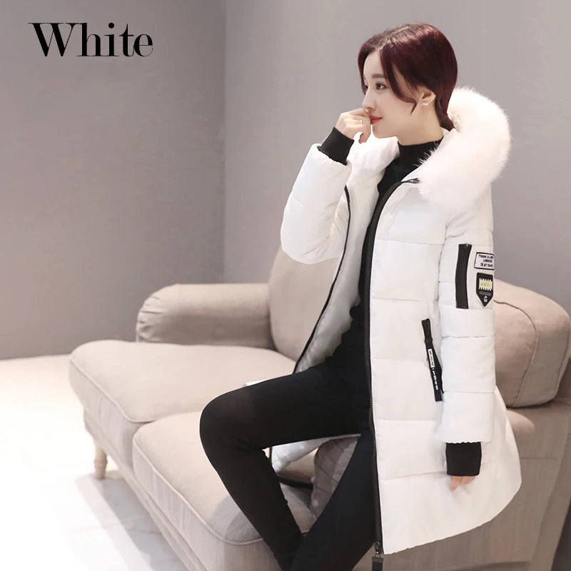 Winter Women Parka with Fur Collar and Zipper Pockets