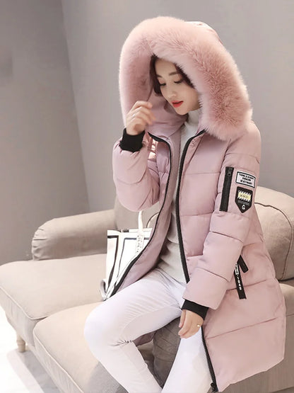 Winter Women Parka with Fur Collar and Zipper Pockets