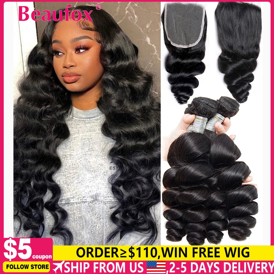 Beaufox Loose Wave Human Hair Bundles With Closure