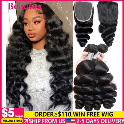 Beaufox Loose Wave Human Hair Bundles With Closure