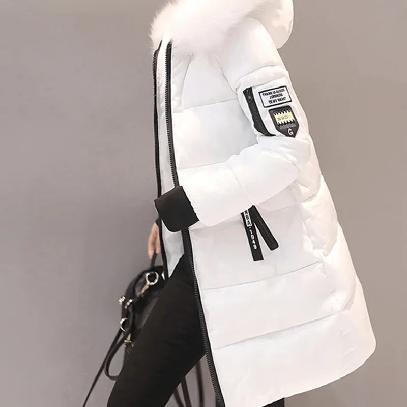 Winter Women Parka with Fur Collar and Zipper Pockets