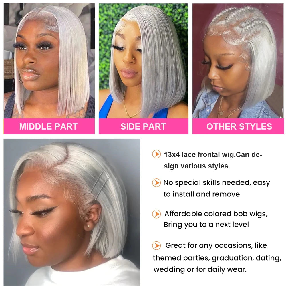Gray Lace Front Bob Wig 100% Human Hair 13X4