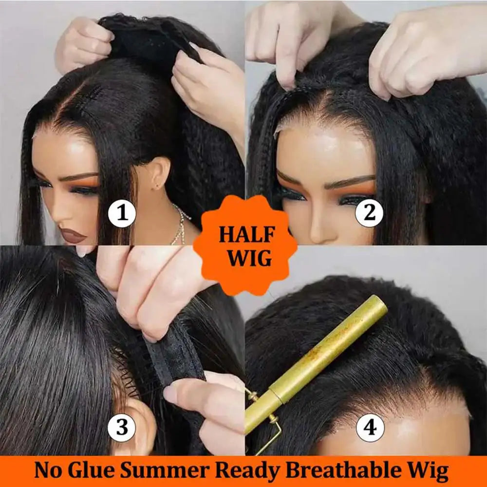 Kinky Straight Human Hair Half Wig 26 Inch Glueless
