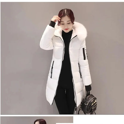 Winter Women Parka with Fur Collar and Zipper Pockets