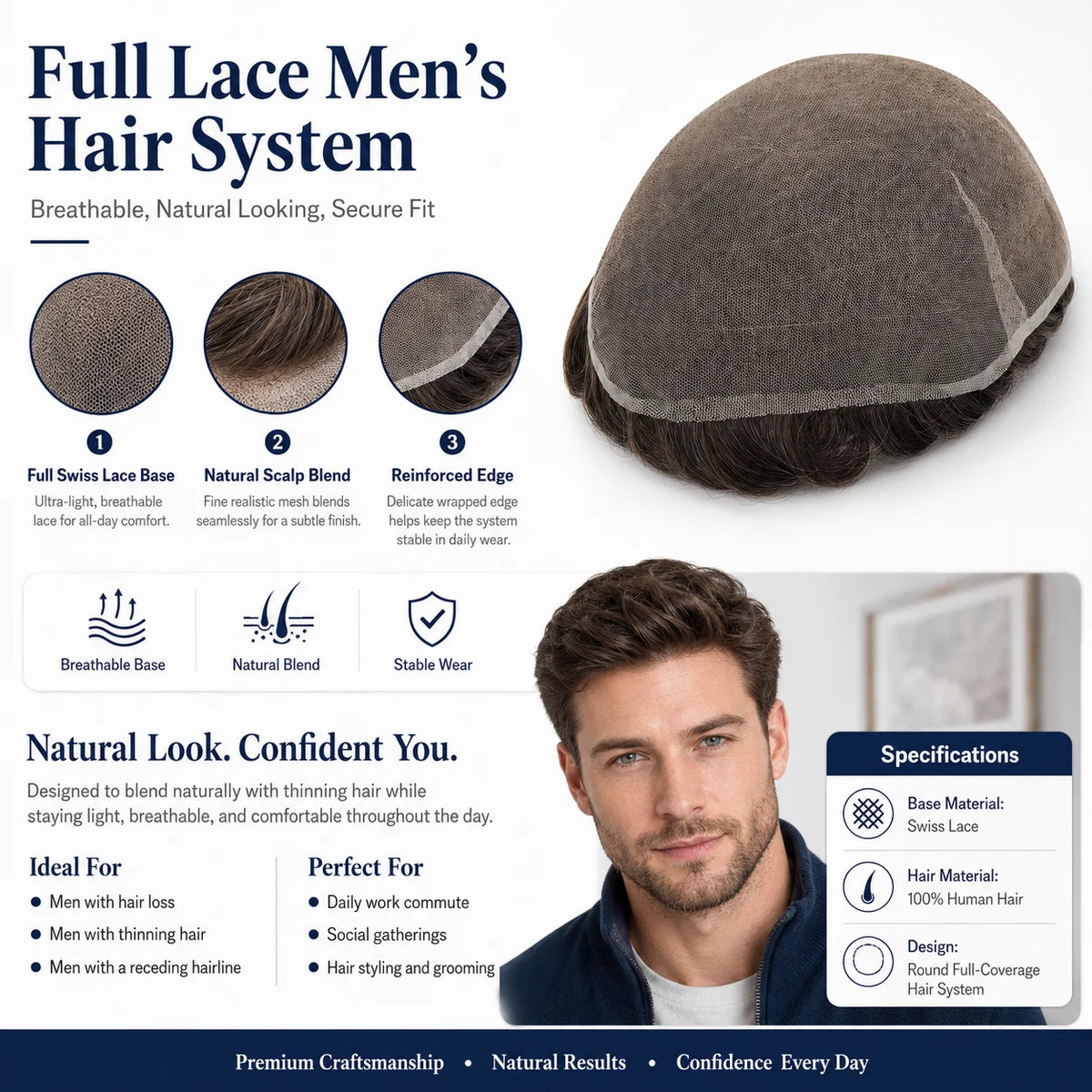 Topunique Swiss Lace Men Toupee Hair Replacement System