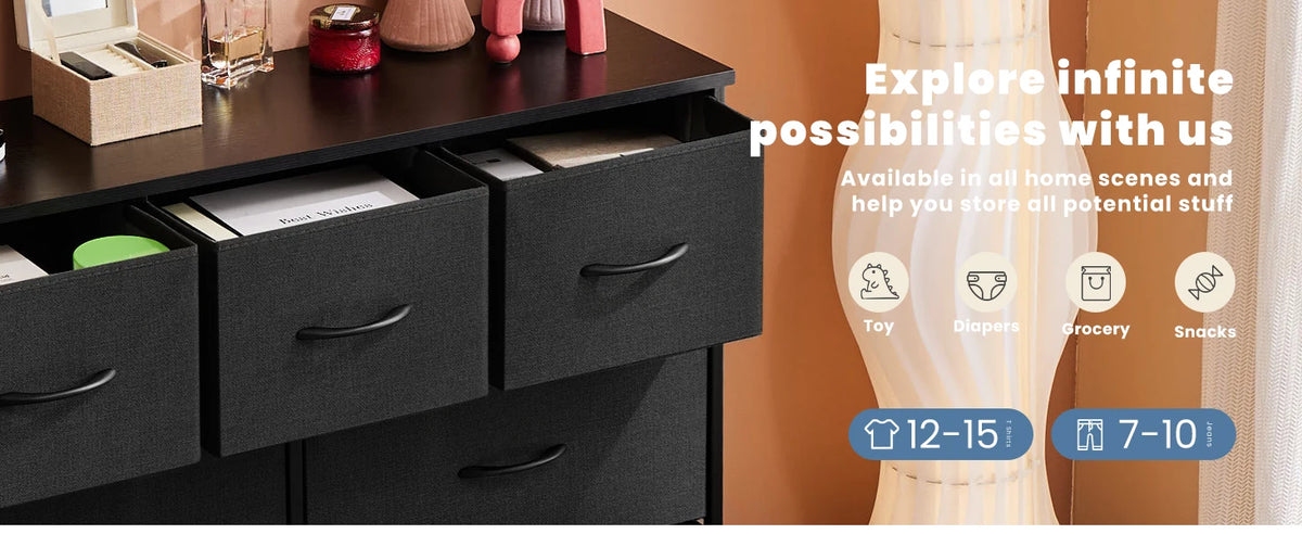 JHK Modern Wooden Dresser with 7 Fabric Drawers