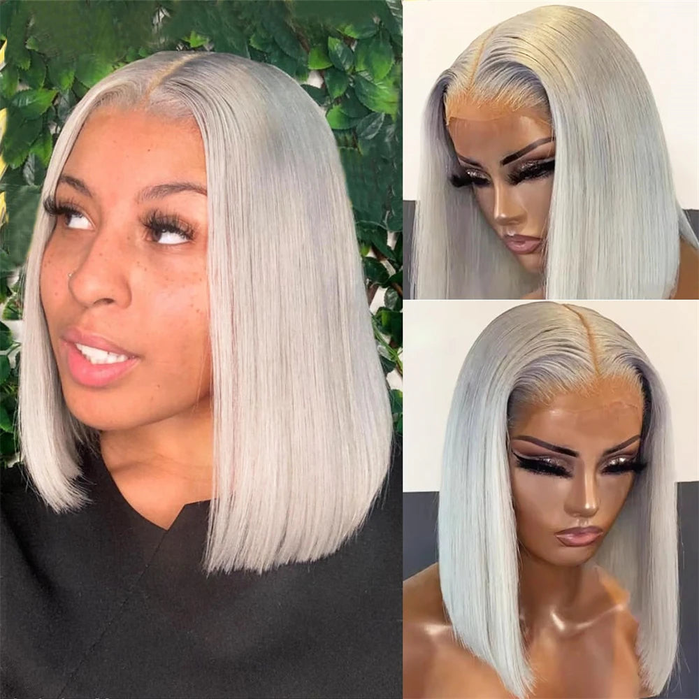 Gray Lace Front Bob Wig 100% Human Hair 13X4