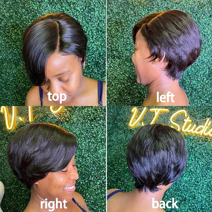 Straight Pixie Cut Wig Transparent Lace Human Hair Black