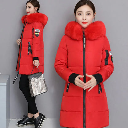 Winter Women Parka with Fur Collar and Zipper Pockets