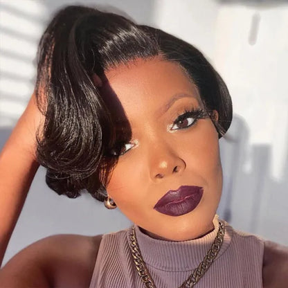 Straight Pixie Cut Wig Transparent Lace Human Hair Black