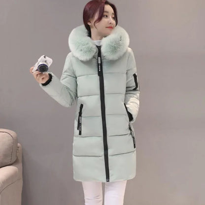 Winter Women Parka with Fur Collar and Zipper Pockets