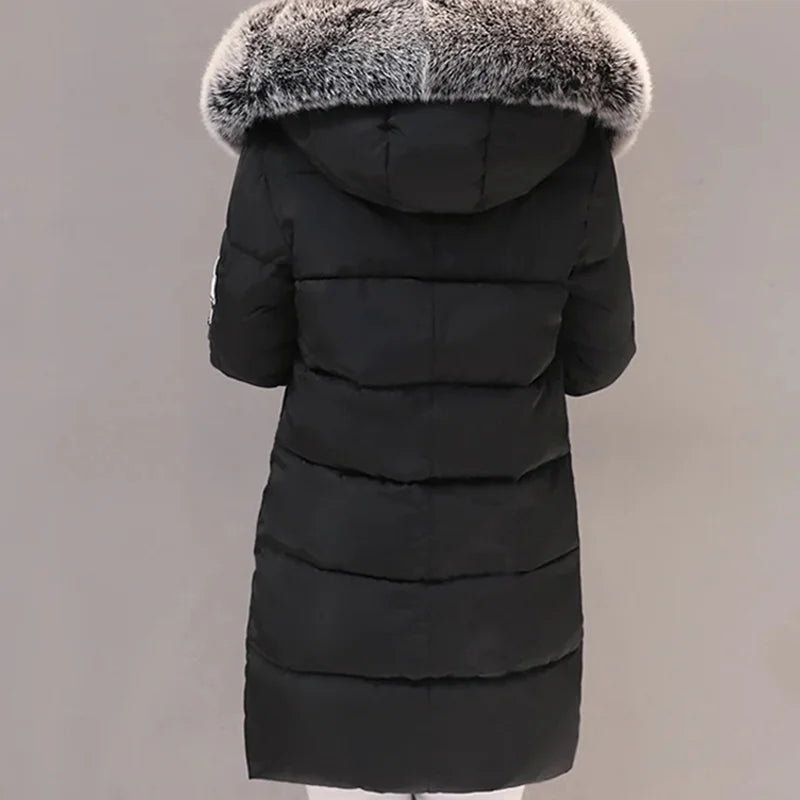 Winter Women Parka with Fur Collar and Zipper Pockets
