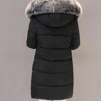 Winter Women Parka with Fur Collar and Zipper Pockets
