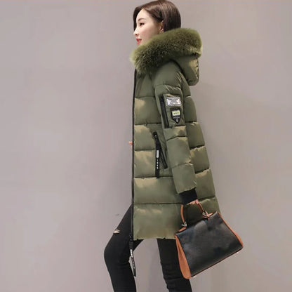Winter Women Parka with Fur Collar and Zipper Pockets
