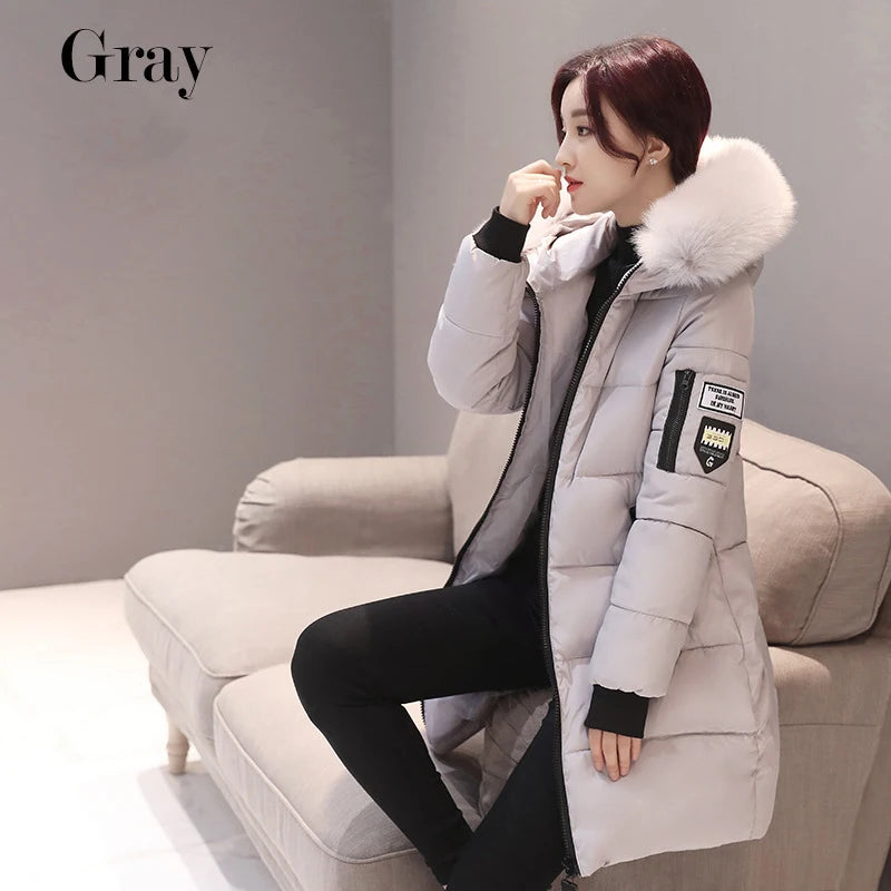 Winter Women Parka with Fur Collar and Zipper Pockets
