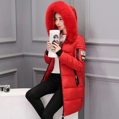 Winter Women Parka with Fur Collar and Zipper Pockets