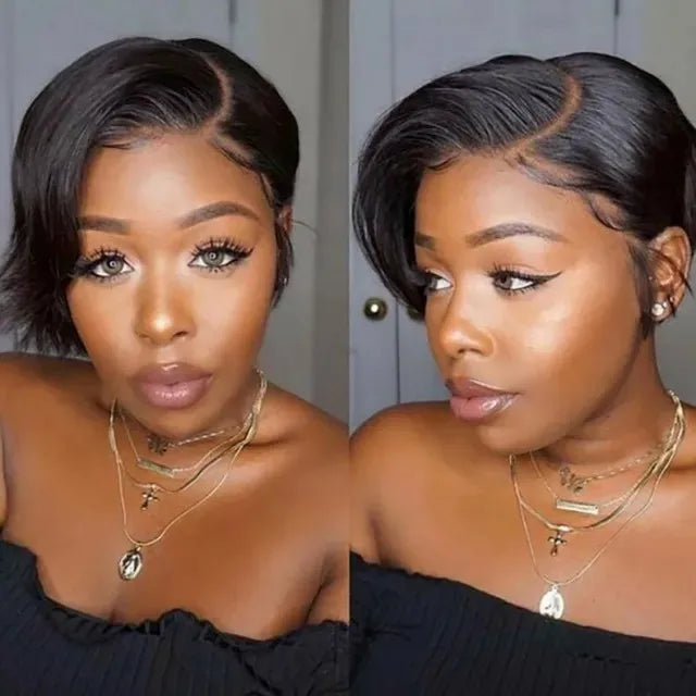 Straight Pixie Cut Wig Transparent Lace Human Hair Black