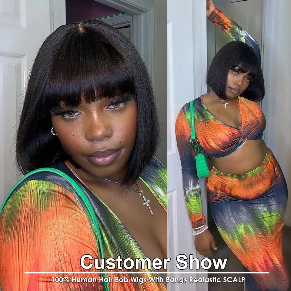 Straight Brazilian Human Hair Bob Wig With Bangs