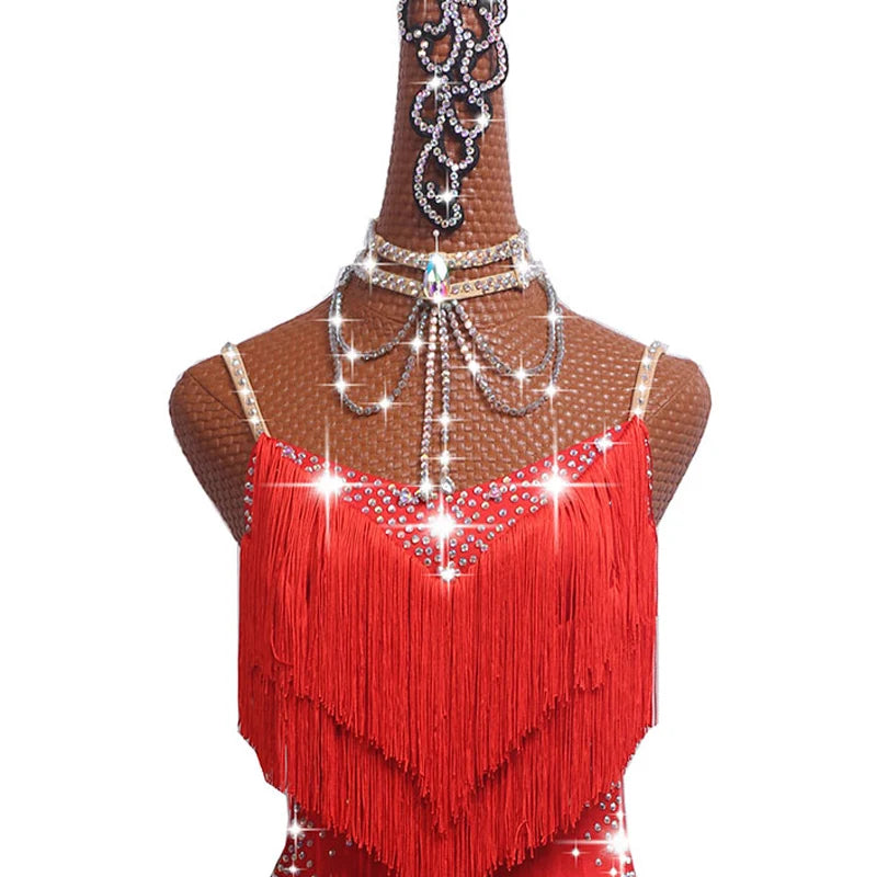 Latin Dance Dress with Rhinestones and Tassels in Red and White