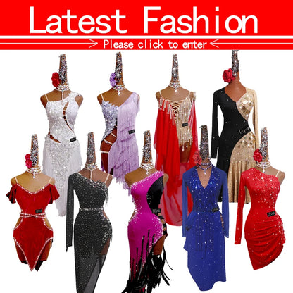 Latin Dance Dress with Rhinestones and Tassels in Red and White
