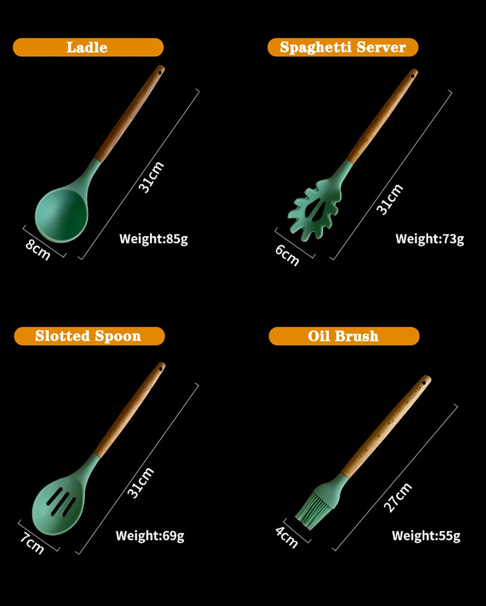 Silicone Kitchen Utensils Set with Wooden Handles