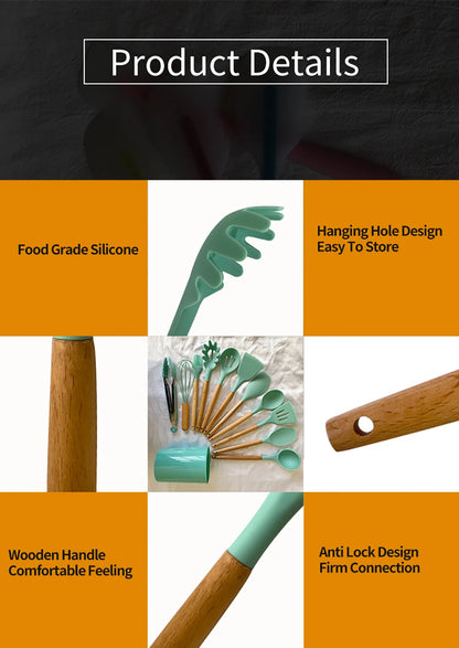 Silicone Kitchen Utensils Set with Wooden Handles