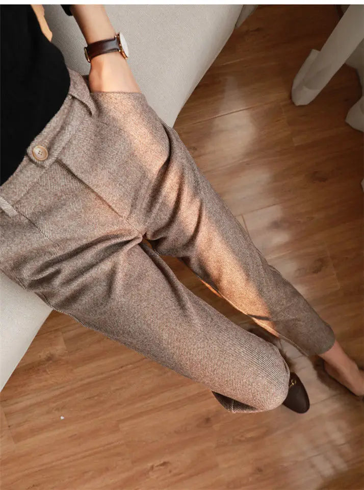 Woolen Harem Pencil Pants High Waisted Casual Trousers