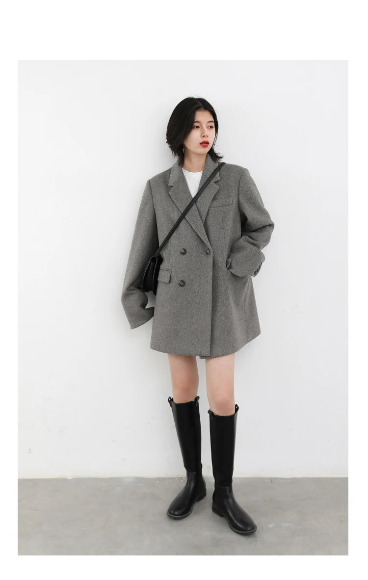 Wool Blend Mid Long Blazer Coat for Women