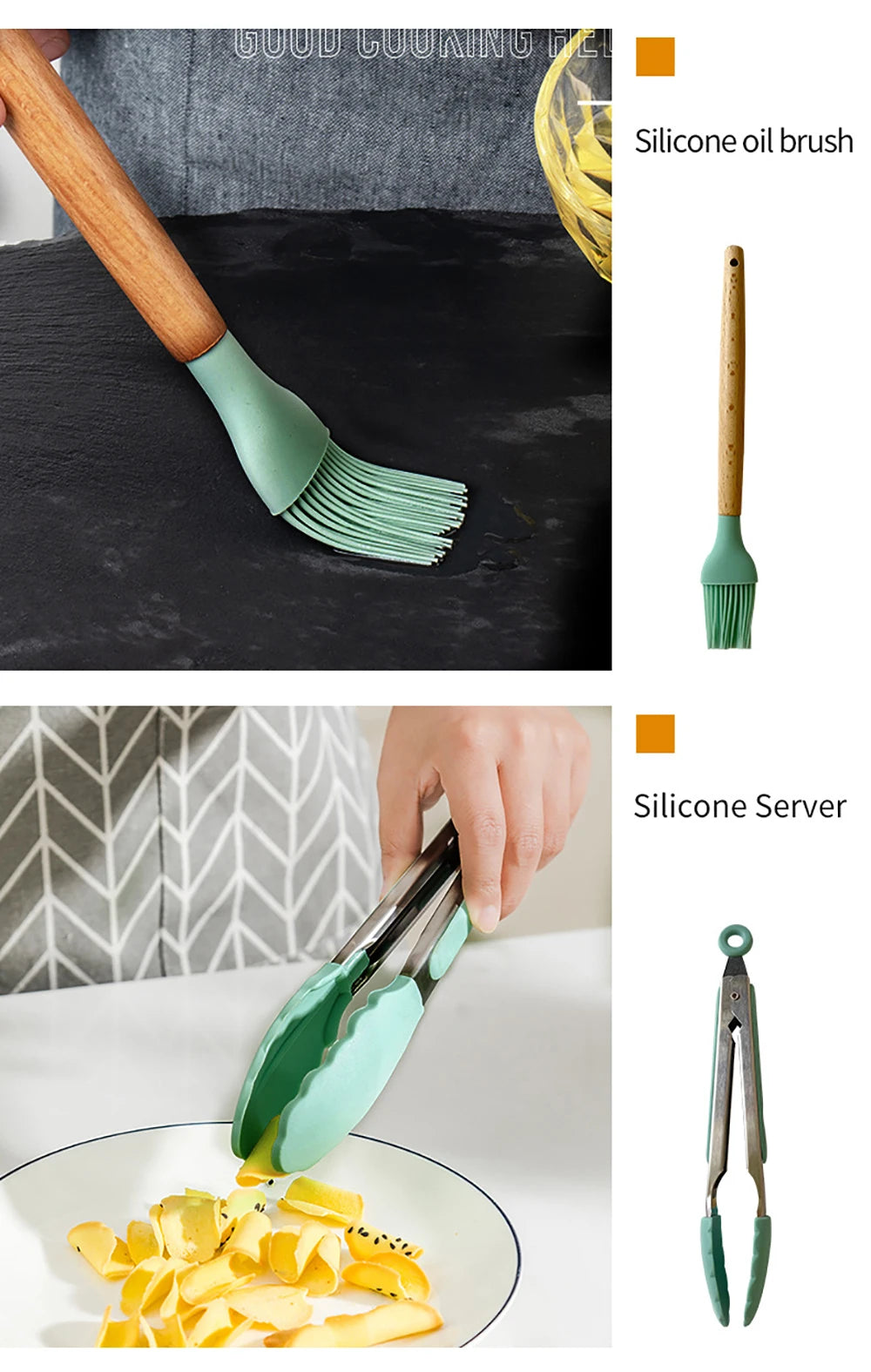 Silicone Kitchen Utensils Set with Wooden Handles