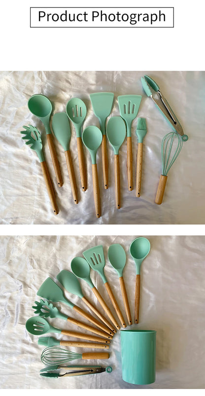 Silicone Kitchen Utensils Set with Wooden Handles