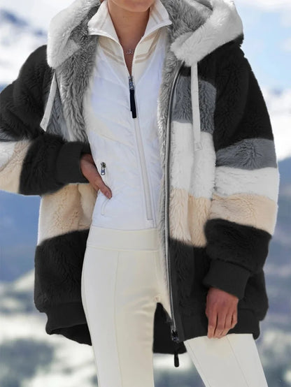 Warm Plush Hooded Coat with Zipper Pockets for Women