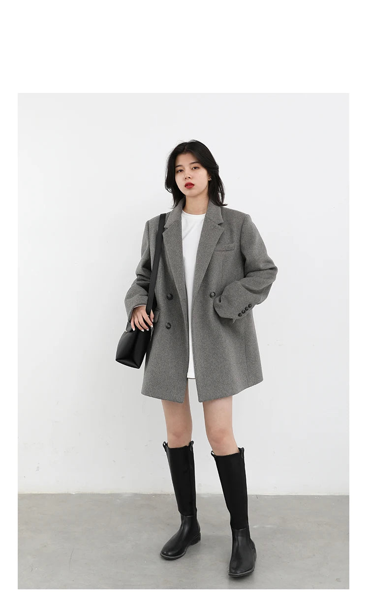 Wool Blend Mid Long Blazer Coat for Women