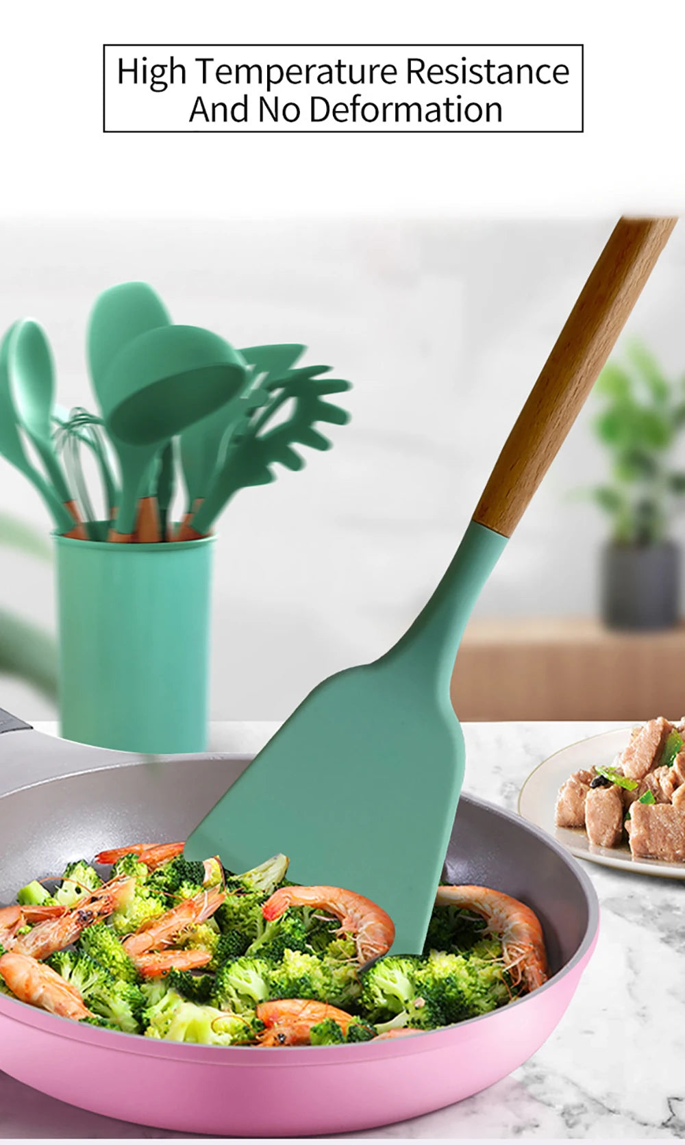 Silicone Kitchen Utensils Set with Wooden Handles