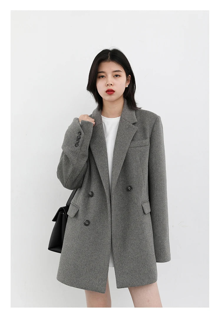 Wool Blend Mid Long Blazer Coat for Women