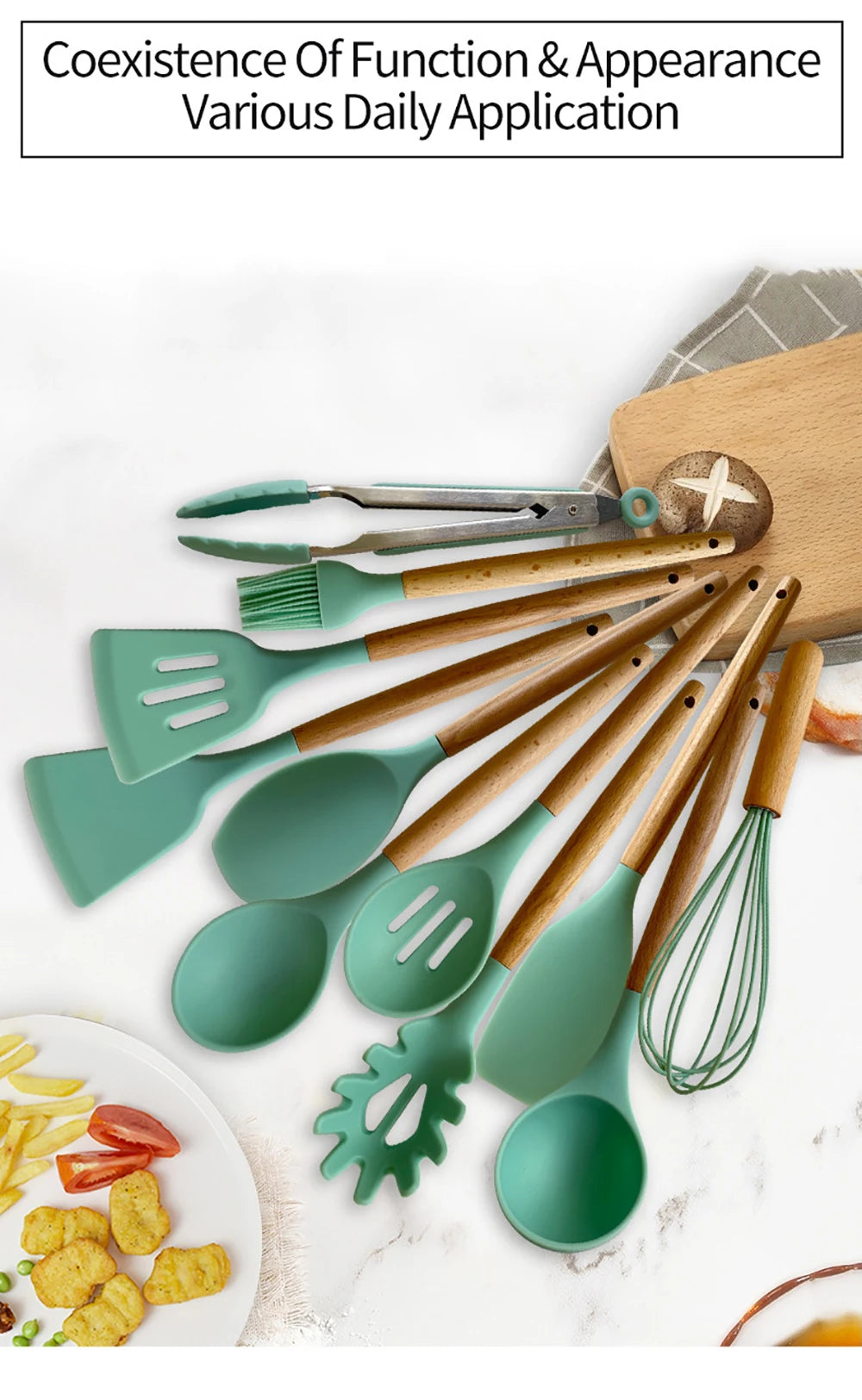 Silicone Kitchen Utensils Set with Wooden Handles