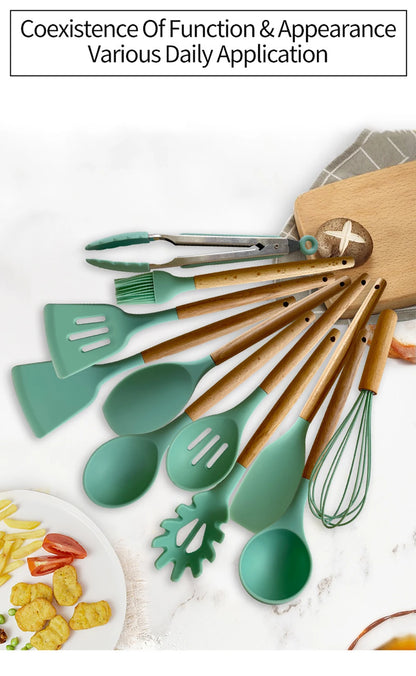 Silicone Kitchen Utensils Set with Wooden Handles