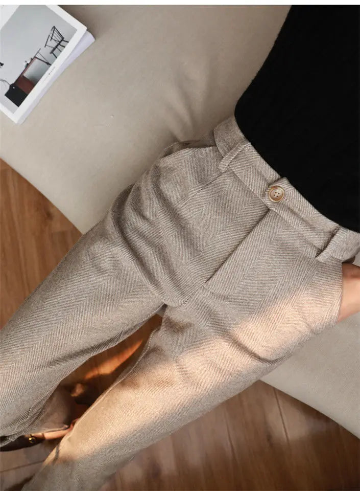 Woolen Harem Pencil Pants High Waisted Casual Trousers