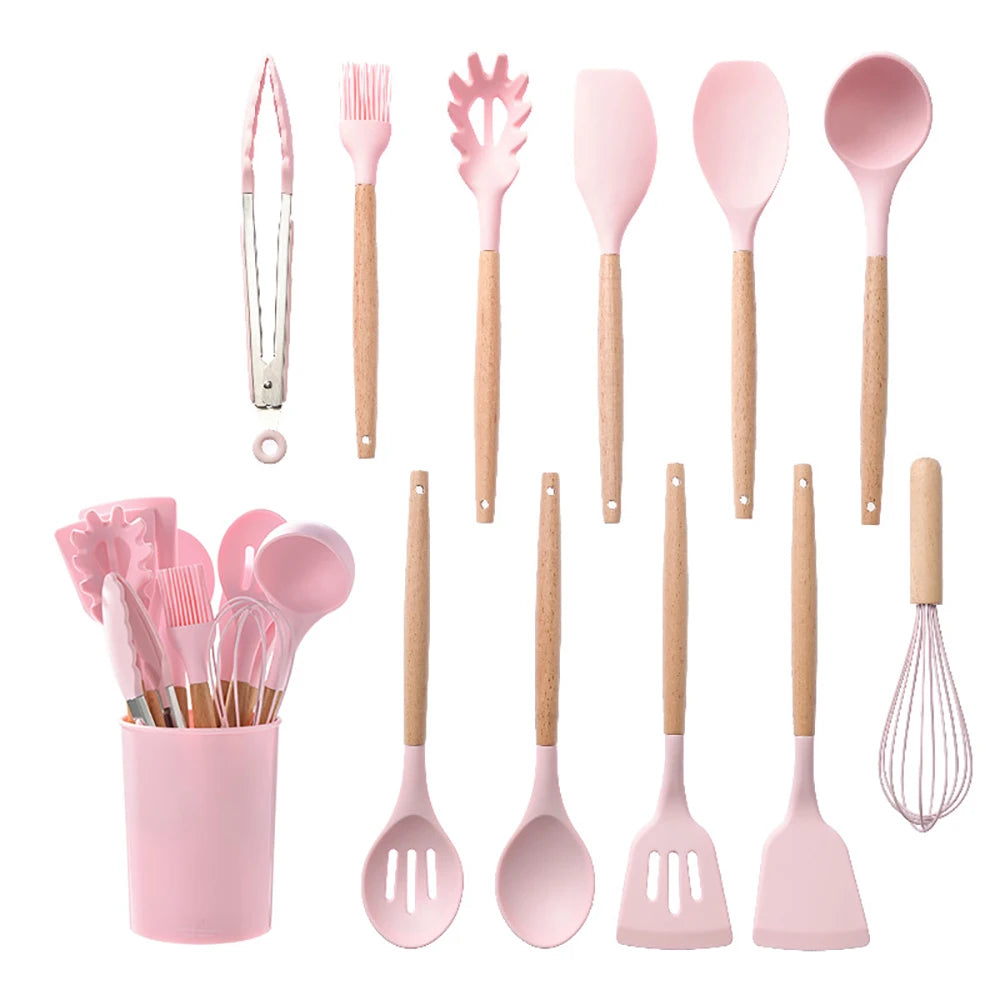Silicone Kitchen Utensils Set with Wooden Handles