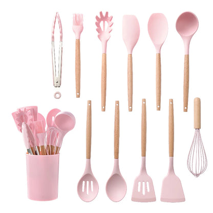 Silicone Kitchen Utensils Set with Wooden Handles