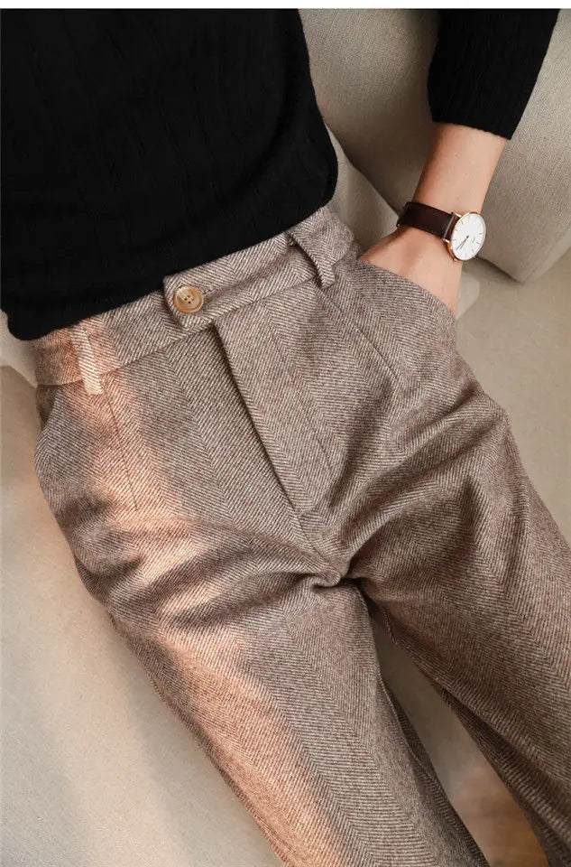 Woolen Harem Pencil Pants High Waisted Casual Trousers